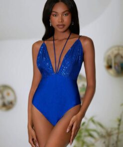 SHEIN NEWNESS Halter Neck Backless Knot Sequin Cami Bodysuit