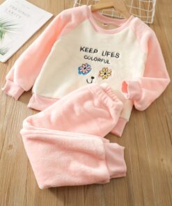 SHEIN Toddler Girls Floral And Slogan Embroidery Raglan Sleeve Flannel Sweatshirt & Sweatpants