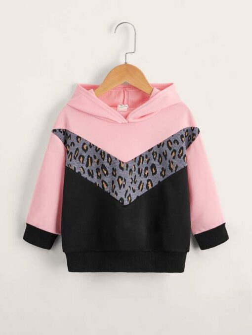 SHEIN Toddler Girls Leopard & Colorblock Print Hoodie