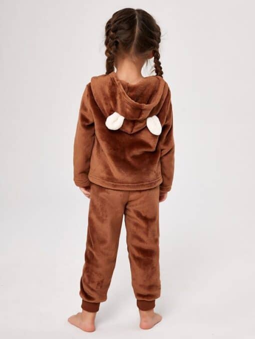 Shein Girls Cartoon Embroidery 3D Ears Design Hooded Flannel Top & Pants PJ Set - Image 2