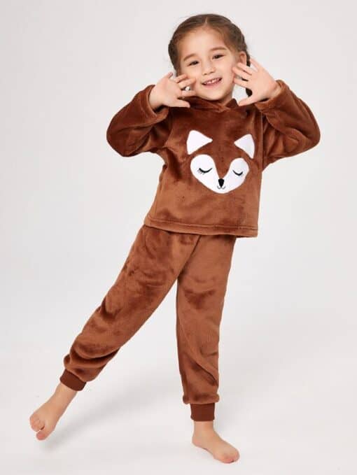 Shein Girls Cartoon Embroidery 3D Ears Design Hooded Flannel Top & Pants PJ Set - Image 3