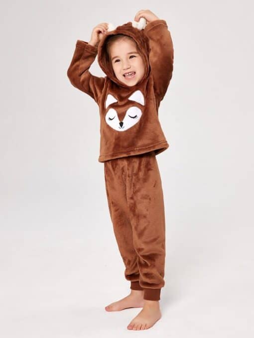 Shein Girls Cartoon Embroidery 3D Ears Design Hooded Flannel Top & Pants PJ Set - Image 4