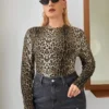 Shein Plus Mock Neck Leopard Print Knit Tee