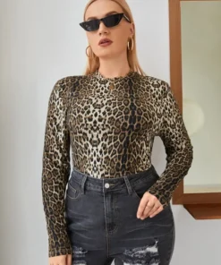 Shein Plus Mock Neck Leopard Print Knit Tee