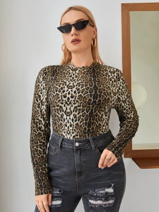 Shein Plus Mock Neck Leopard Print Knit Tee