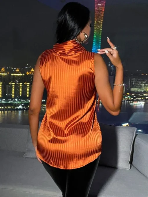 SHEIN Striped Sleeveless Satin Blouse With Scarf - Image 4
