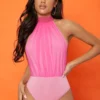 SHEIN Mock Neck Tie Backless Mesh Panel Bodysuit
