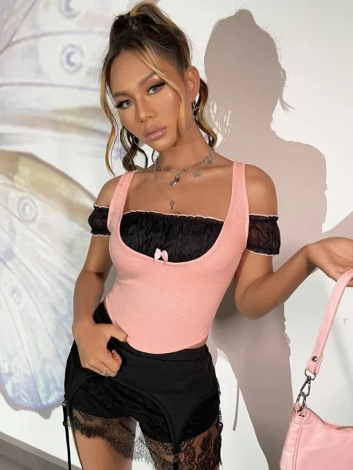 SHEIN Ruched Bust Bow Detail Cold Shoulder 2 In 1 Top - Image 2
