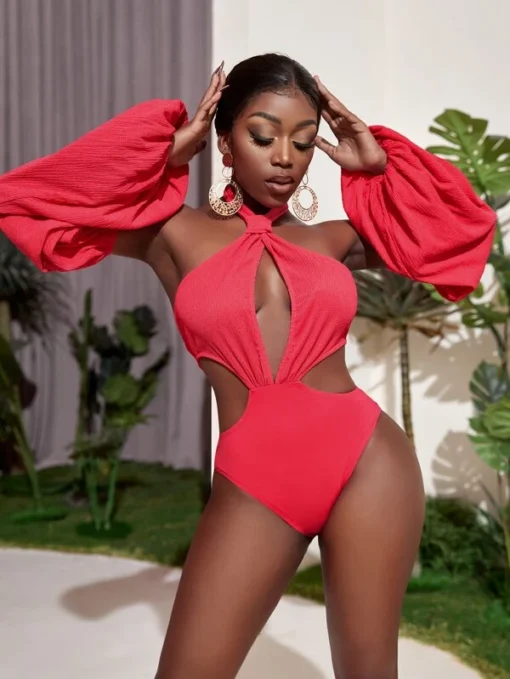 SHEIN SXY Solid Halter Neck Bishop Sleeve Bodysuit - Image 4