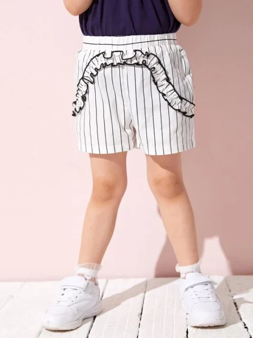 SHEIN Toddler Girls Striped Frill Trim Shorts