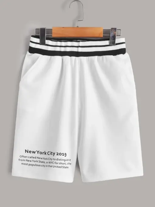 SHEIN Boys Slogan Graphic Striped Tape Shorts