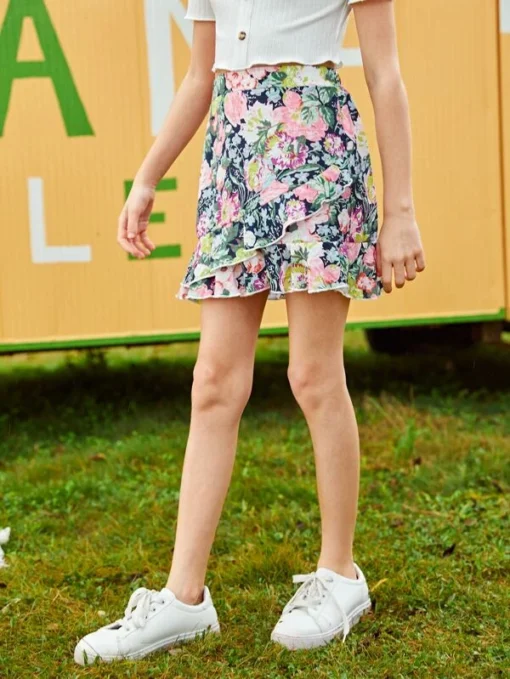 SHEIN Girls Elastic Waist Ruffle Trim Floral Skirt - Image 3