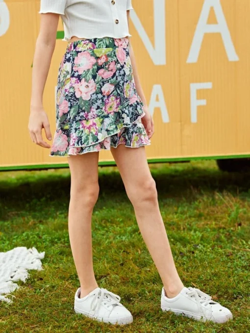 SHEIN Girls Elastic Waist Ruffle Trim Floral Skirt - Image 2