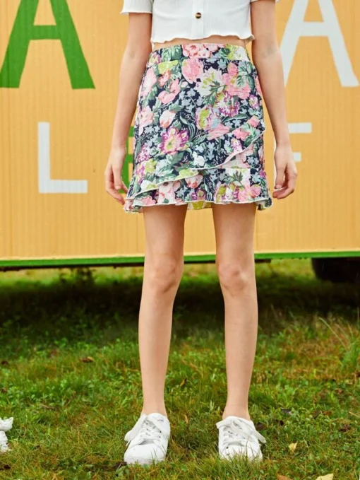 SHEIN Girls Elastic Waist Ruffle Trim Floral Skirt