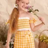 SHEIN Girls Gingham Shirred Bardot Top & Wrap Skirt Set