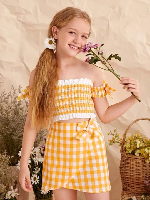 SHEIN Girls Gingham Shirred Bardot Top & Wrap Skirt Set