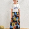 SHEIN Girls Slogan Graphic Tee & Tropical Print Skirt