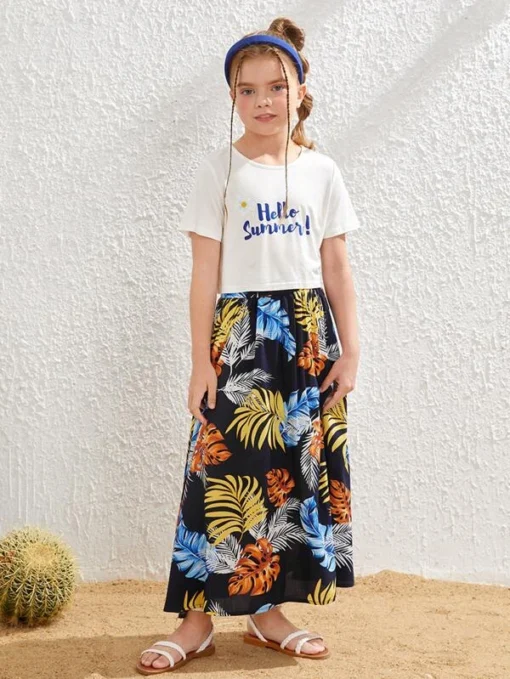 SHEIN Girls Slogan Graphic Tee & Tropical Print Skirt