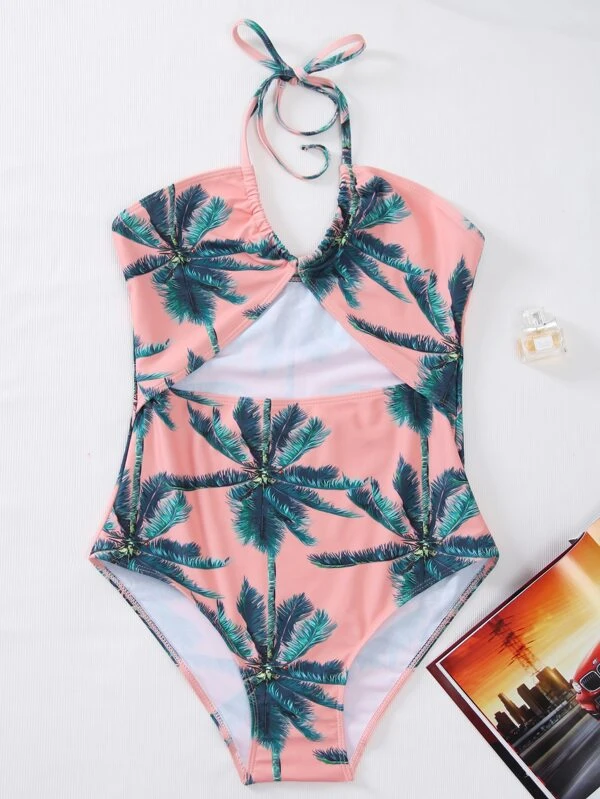 SHEIN Palm Tree Print Halter One Piece Swimsuit - Pink Shop