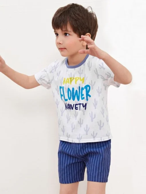 SHEIN Toddler Boys Letter Graphic Tee & Striped Shorts Set - Image 3