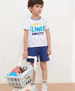SHEIN Toddler Boys Letter Graphic Tee & Striped Shorts Set