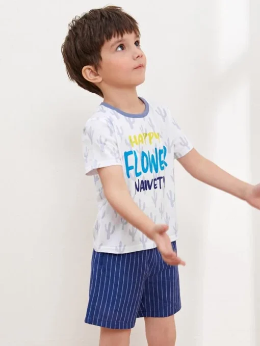 SHEIN Toddler Boys Letter Graphic Tee & Striped Shorts Set - Image 2