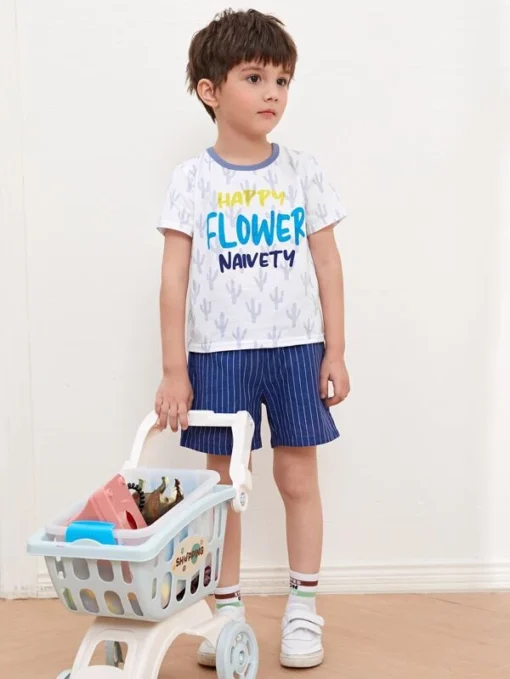 SHEIN Toddler Boys Letter Graphic Tee & Striped Shorts Set