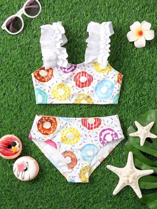 SHEIN Toddler Girls Allover Print Frill Trim Bikini Swimsuit