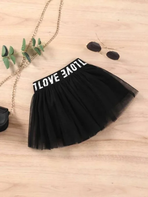 SHEIN Toddler Girls Contrast Letter Tape Mesh Hem Skirt - Image 2