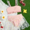 SHEIN Girls Ruffle Hem Bikini Swimsuit & Daisy Print Beach Skirt