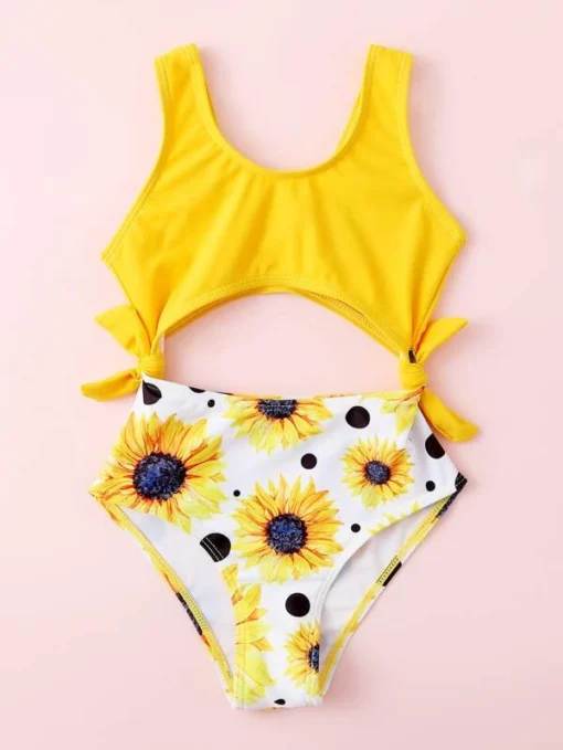 SHEIN Toddler Girls Sunflower Print Cut-out One Piece Swimsuit - Image 3