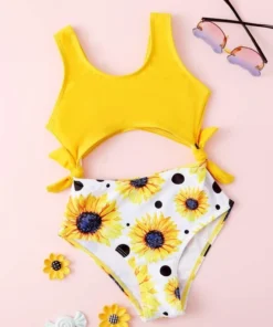 SHEIN Toddler Girls Sunflower Print Cut-out One Piece Swimsuit