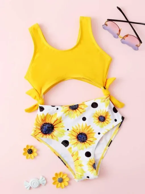 SHEIN Toddler Girls Sunflower Print Cut-out One Piece Swimsuit