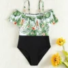 SHEIN Girls 1pack Tropical Print Cold Shoulder Ruffle Trim One Piece Swimsuit
