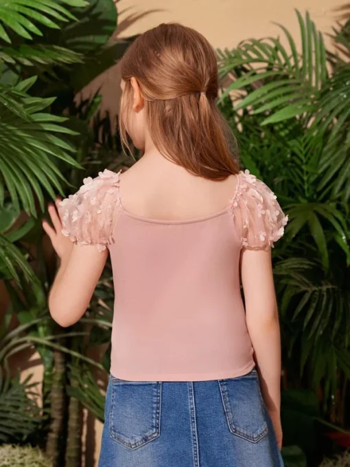 SHEIN Girls Contrast Mesh Puff Sleeve Appliques Tee - Image 2
