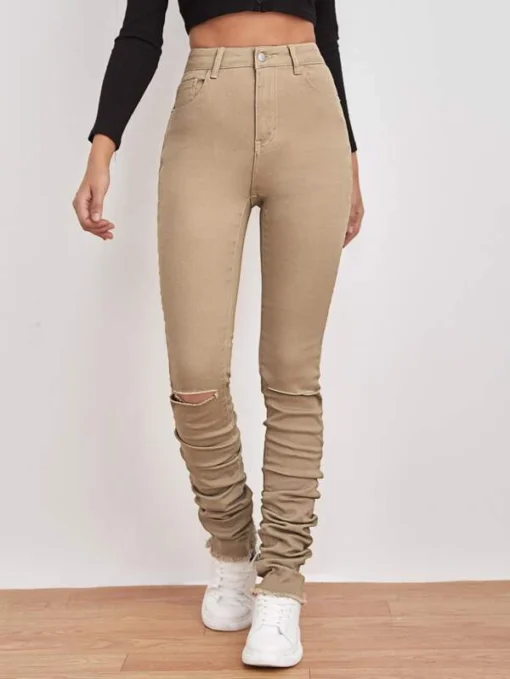 SHEIN Stone Wash Ripped Ruched Skinny Jeans - Image 2