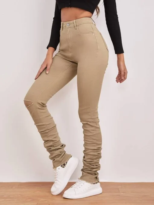 SHEIN Stone Wash Ripped Ruched Skinny Jeans
