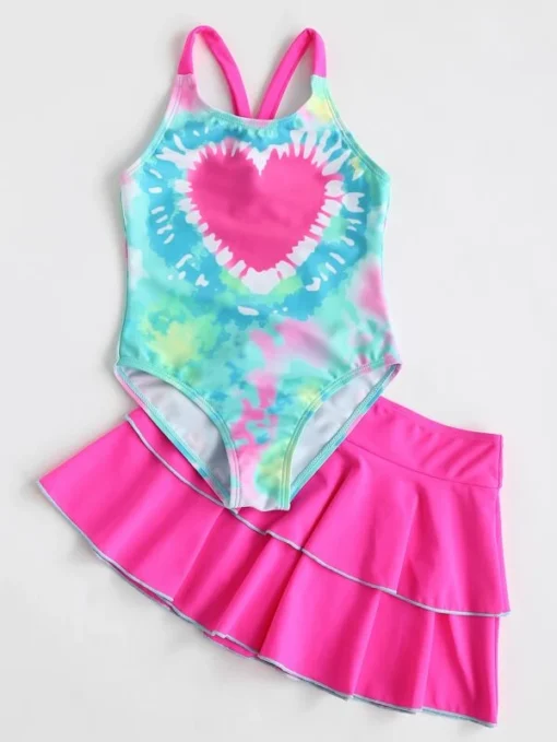 SHEIN Toddler Girls Tie Dye One Piece Swimsuit With Beach Skirt