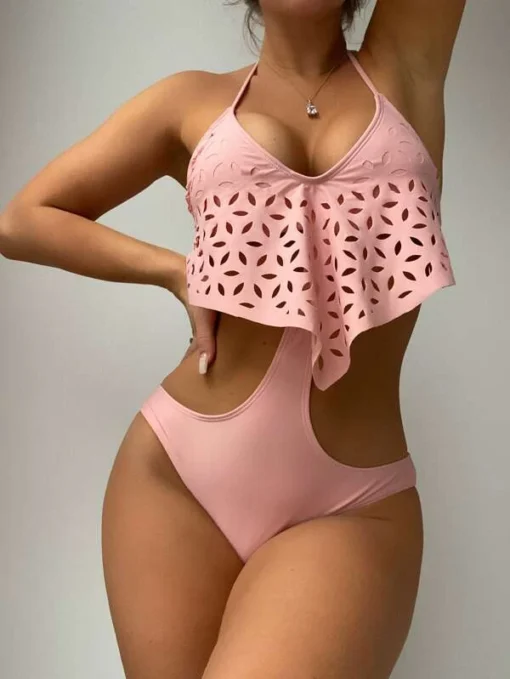 Shein Cut Out Ruffle Halter One Piece Swimsuit