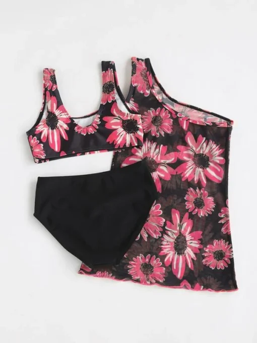 Shein Toddler Girls 3pack Floral Print Bikini Swimsuit With Cover Up Dress - Image 2