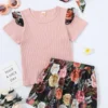 Shein Toddler Girls Ribbed Ruffle Trim Tee & Floral Print Skirt & Headband