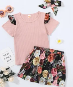 Shein Toddler Girls Ribbed Ruffle Trim Tee & Floral Print Skirt & Headband