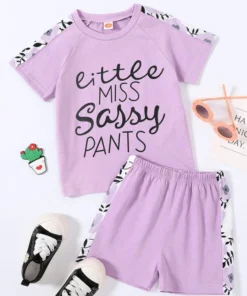 Shein Toddler Girls Slogan Graphic Tee & Plants Panel Shorts