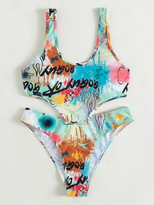 SHEIN Allover Print Hanky Hem Bikini Swimsuit