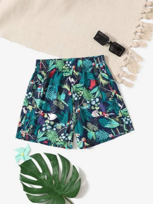 SHEIN Boys Tropical & Bird Print Swim Shorts