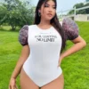 SHEIN Plus Ditsy Floral & Letter Graphic Puff Sleeve Bodysuit