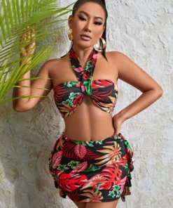 SHEIN SXY Tropical Print Tie Backless Halter Top & Ruffle Trim Bodycon Skirt