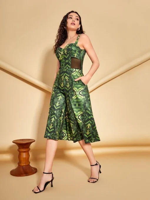 SHEIN X Elle Rebel Mesh Paneled Plants Cami Jumpsuit - Image 4
