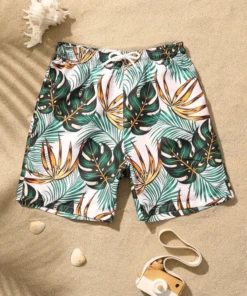 Shein Boys 1pack Random Tropical Print Drawstring Waist Swim Shorts