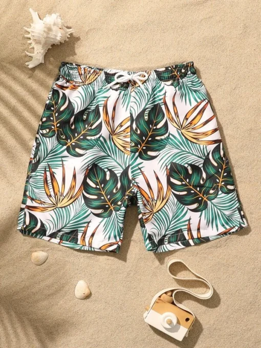 Shein Boys 1pack Random Tropical Print Drawstring Waist Swim Shorts